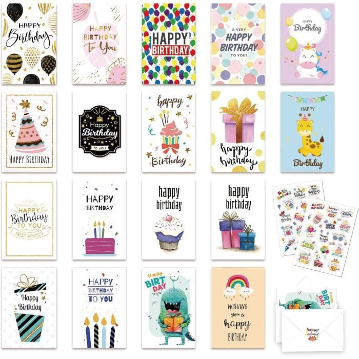 Cartes D'Anniversaire - Lot De 24 Avec Enveloppes - Design Aquarelle (Gâteau, Ballons...) - 15x10 Cm - Qualité Supérieure - 2