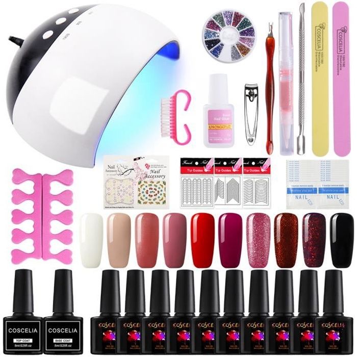 Coscelia Kit 10 Vernis à Ongle Semi Permanent Soak Off Polish Gel 24W LED Lampe Colle Brosse
