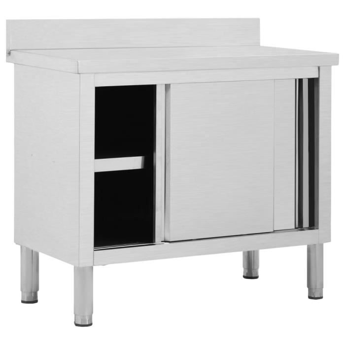 Table de travail - DUOKON - 100x50x(95-97)cm - Inox - 2 portes coulissantes - Rangement spacieux