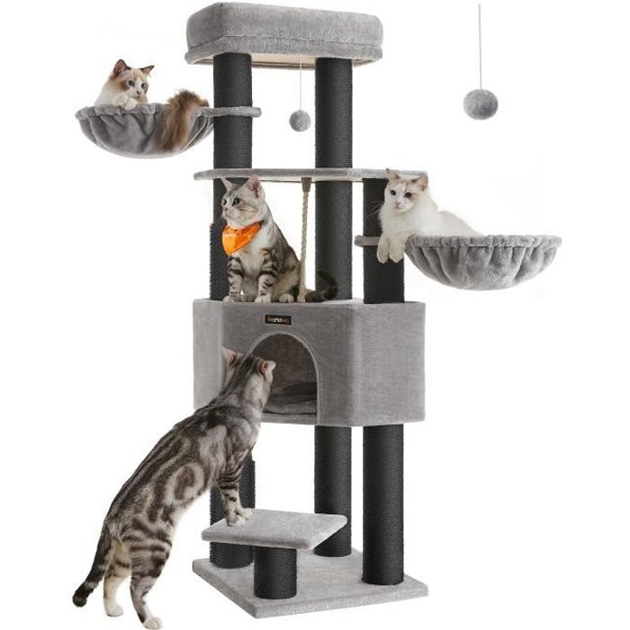Arbre à Chat Grand et Stable avec Tapis Chaud, Auto-toiletteurs, Poteaux à Griffer, 50 x 50 x 160 cm, Gris Tourterelle et Noir