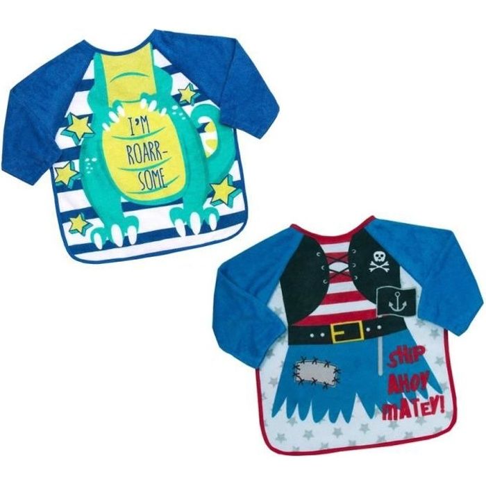 Lot De 2 Bavoirs A Manches Doubles Pour Bebe Garcon Tablier Eponge Impermeable Pirates Dino Cdiscount Puericulture Eveil Bebe