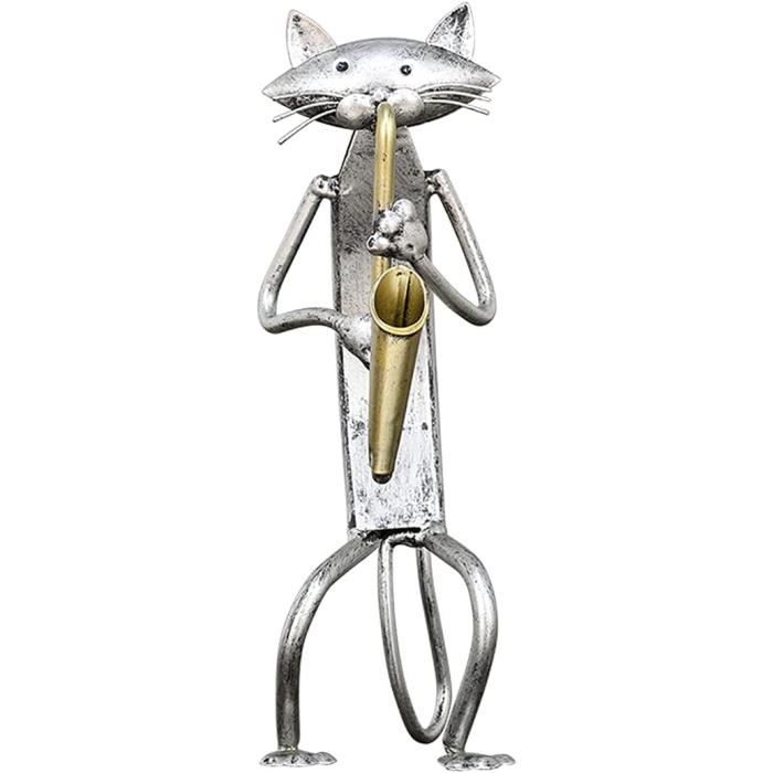 Sculpture Métal Chat Qui Chante - Statue Décorative Art Déco - Argent Brillant - Neuf