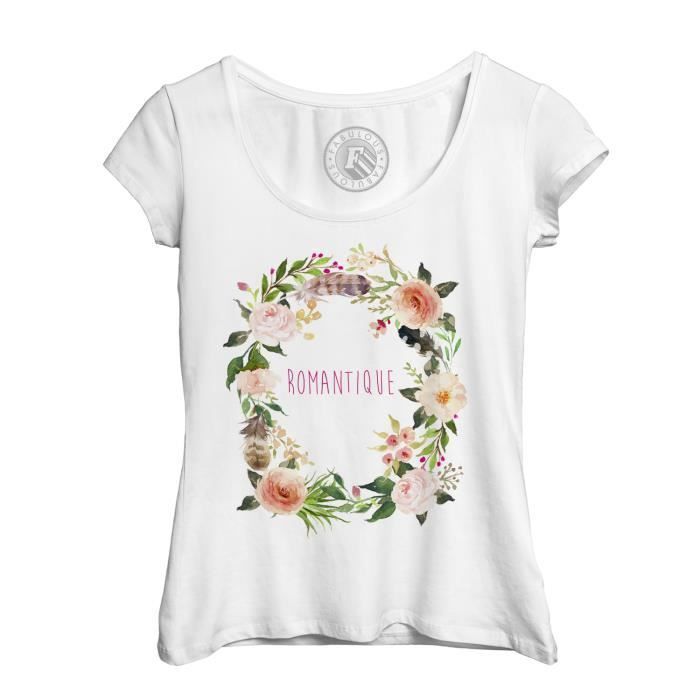 T Shirt Femme Romantique Dessin Couronne De Fleurs Blanc Achat