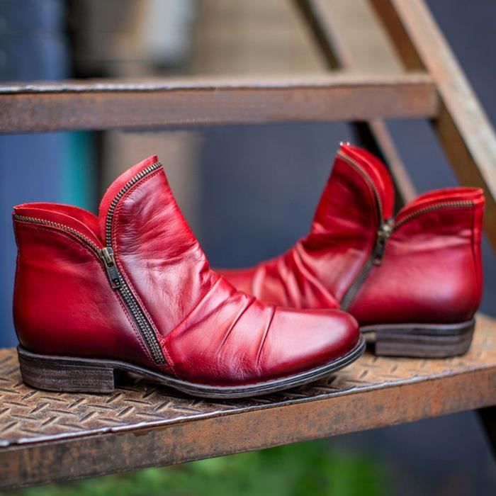 Bottines Femme En Cuir Rétro à Talon Carré 8,5 Cm - Style Décontracté Avec Fermeture éclair Pour Automne/hiver