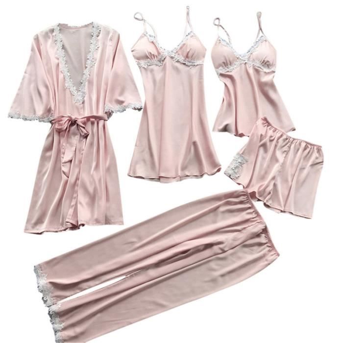 Pyjama en soie femme été,Pyjama 5 pièces en Satin de soie pour femmes ...