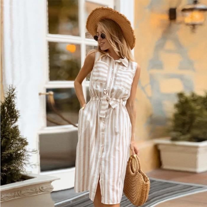 Robe droite rayee a ceinture Vintage pour femmes Type Kaki Blanc Cdiscount Pret a Porter