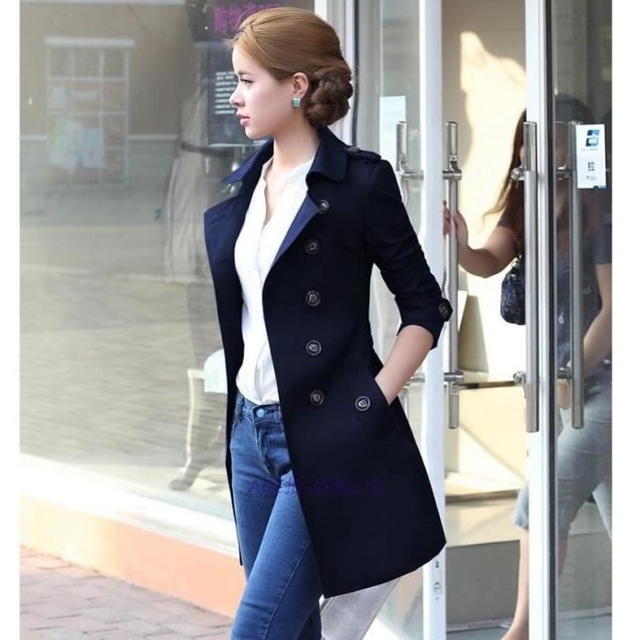 Manteau,Luzuzi – Trench Coat à Double boutonnage pour femme, manteau Long, coupe cintrée, avec ceinture - Type navy blue