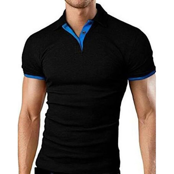 Polo Homme Golf Tennis Manche Courtes Casual Sport T-Shirt, Slim Fit Vetement Noir