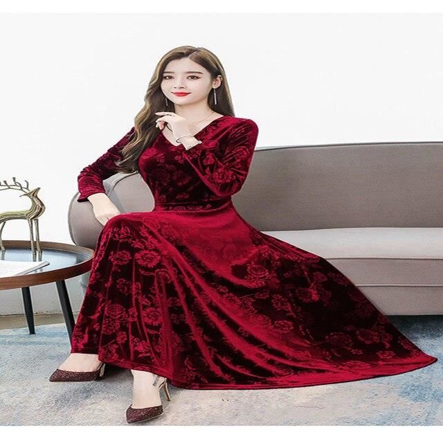 Robe Robe longue en velours elegante de haute qualite manches longues pour femmes automne hiver 2021 S 4XL Red A341 Blanc Cdiscount Pret a Porter