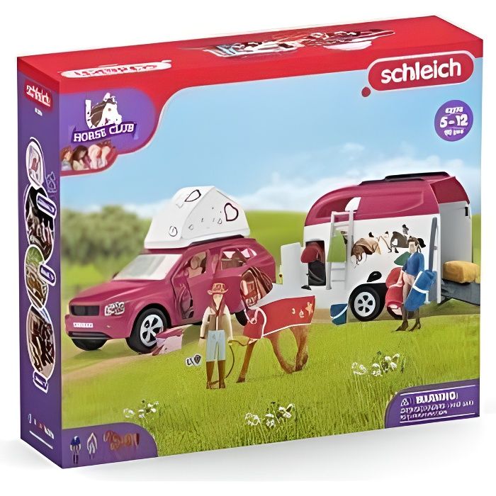 Voyage en voiture avec remorque pour chevaux, Coffret figurines Schleich 42535 Horse Club pour enfan