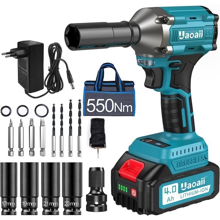 Clé à Chocs Sans Fil Uaoaii 1000Nm - Moteur Brushless - 2 Batteries 4000mAh - 5 Douilles