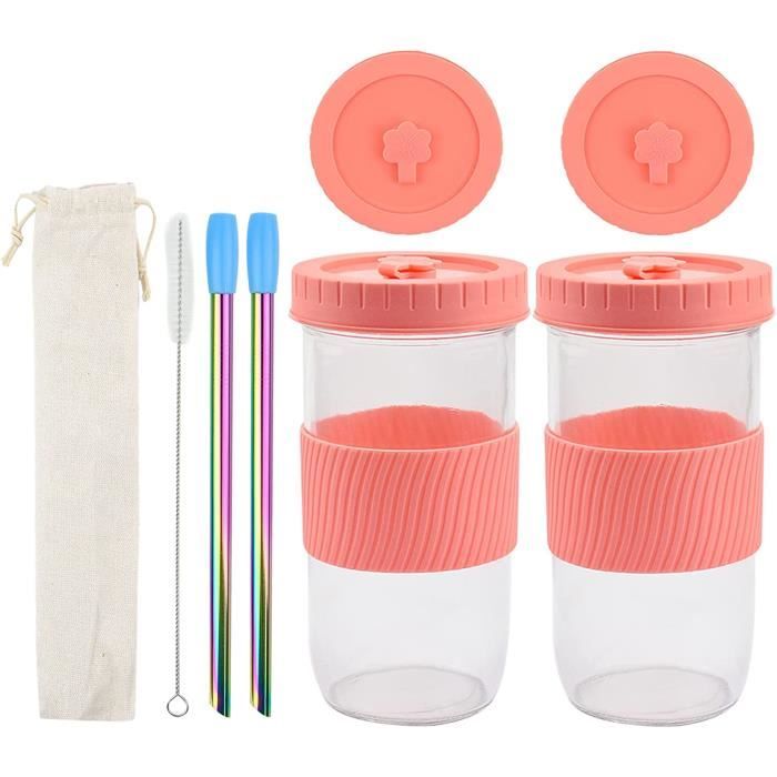 GOSCHE Lot De 2 Tasses En Verre Avec Couvercles Et Pailles, 710 Ml, Transparent Avec Poignée, Gobelet En Verre Avec Paille Et Couvercle Pour Smoothie, Eau, Thé, Jus De Fruits, Transparent