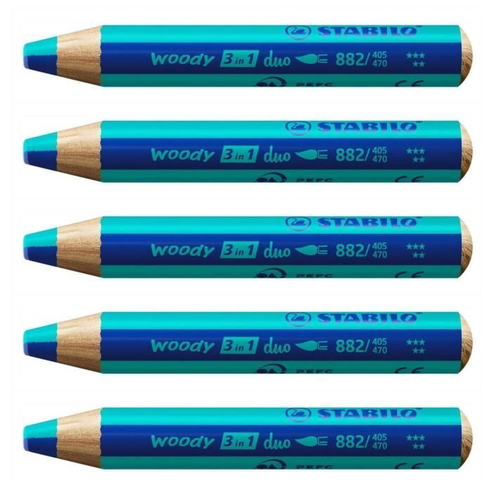 STABILO Woody 3en1 – Crayon De Couleur, Aquarelle Et Cire – Bleu Cobalt Moyen – Trait Extra épais, Pour Papier, Tissu Et Verre
