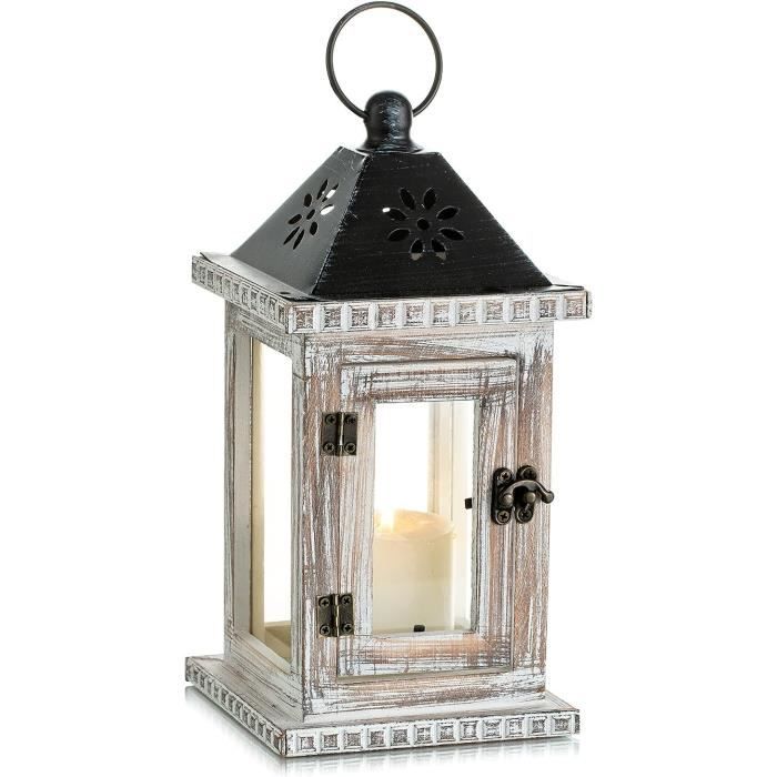 Lanterne Bougie Déco Bois Et Métal Noir - Style Ferme Moderne - Pour Cheminée, Table Ou Suspension - Set De 2 Tailles (22cm Et 30cm)