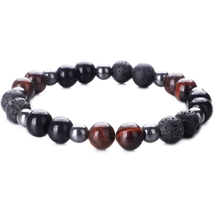 Bracelet Homme En Onyx Noir Naturel - Perles Tressées - Neuf Avec étiquettes