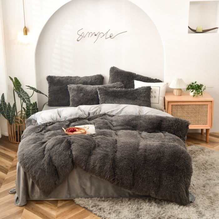 Housse de Couette 220x240cm Peluche Flanelle Chaude Duveteuse Parure de lit 1 Linge de lit 250*270cm 2 Taies doreiller 50*70cm S