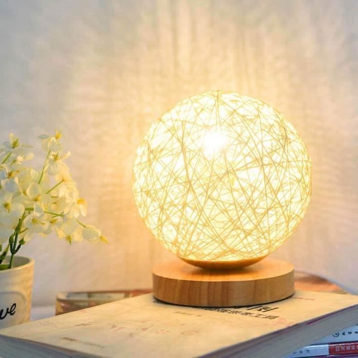 USB Veilleuse de boule de rotin réglable lampe de table LED lampe de chevet veilleuse mignonne de pépinière (Beige)