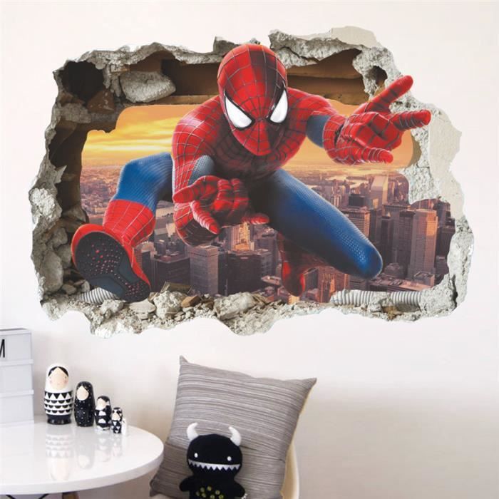 Autocollant Mural 3D Spiderman Effet Explosion - Modèle WC398, Vinyle, Déposable