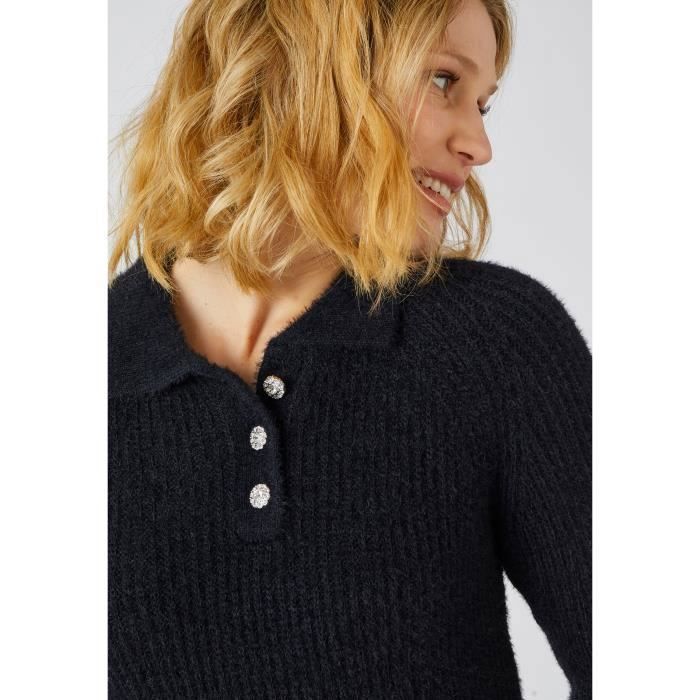 Pull en maille poilue DAMART Femme Col polo Boutons strasses Noir Noir Cdiscount Pret a Porter