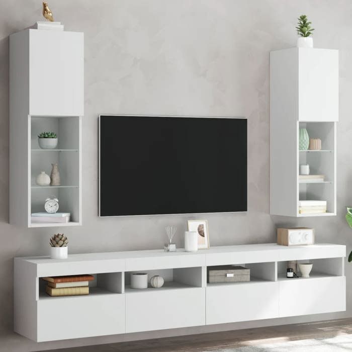 Meuble TV Blanc 160x35x40 Cm Avec LED RGB - Bois Ingénierie - Éclairage Ambiance Moderne - 30kg