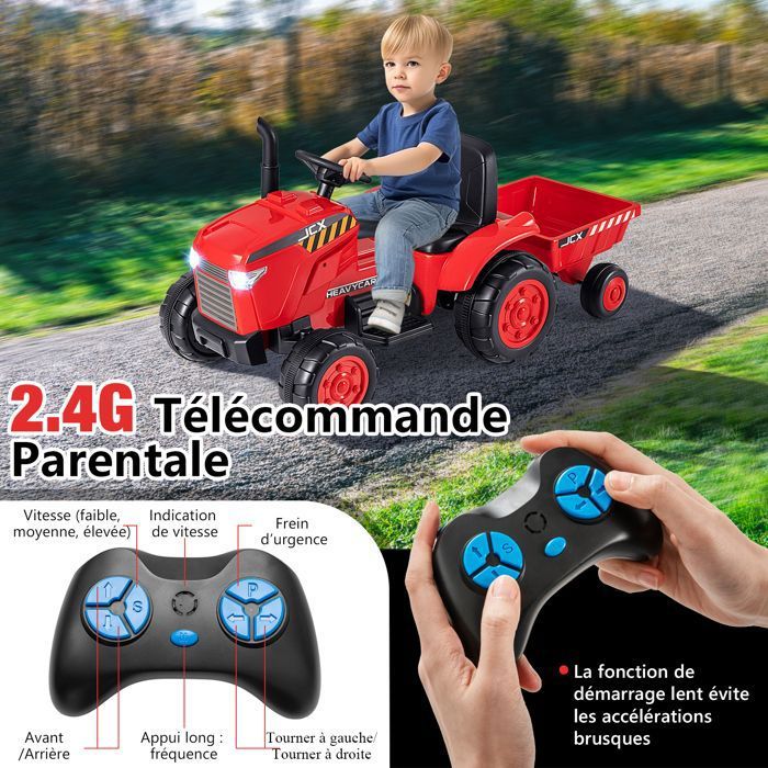 Tracteur électrique Enfant Avec Remorque Amovible - 6 Roues, Télécommande 2,4G, 3 Vitesses, 3-8 Ans (vert)