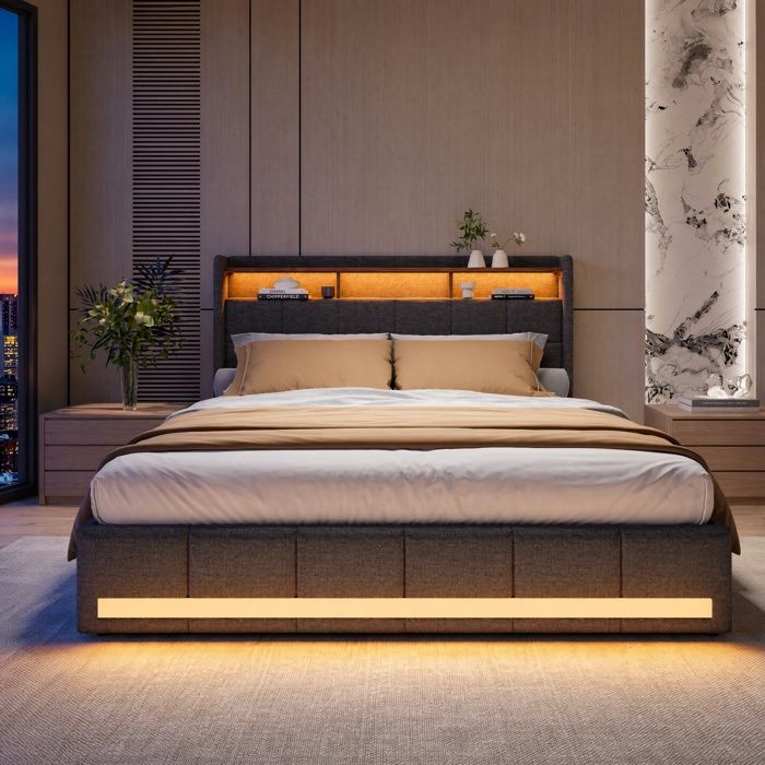 Lit Coffre 140x190cm Avec Sommier Relevable Hydraulique, 2 Tiroirs & Ports USB - Tête De Lit LED - LONELYO - 3