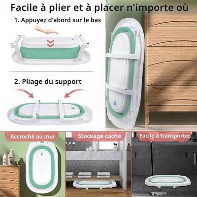Baignoire Pliable Bébé Avec Support En Acier Et Coussin Ergonomique - Bain Facile De 0 à 2 Ans, Avec Tuyau De Vidange (Vert, 66x61x82 Cm)