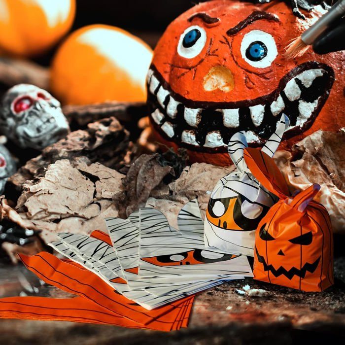 70 Sachets Bonbons Halloween Avec Cordon - Tissu Gaze 10x14cm - Motifs Chauves-souris, Citrouilles - Pour Fêtes, Cadeaux, Bijoux