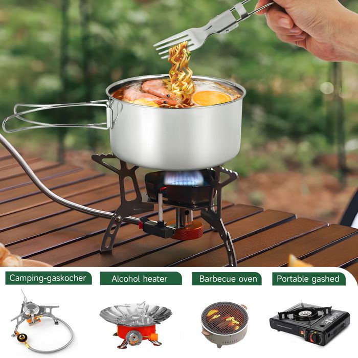 Casserole de camping en acier inoxydable, ustensiles de cuisine pour randonnée, camping, pique-nique, camping, couvercle ventilé pour randonnée, chasse
