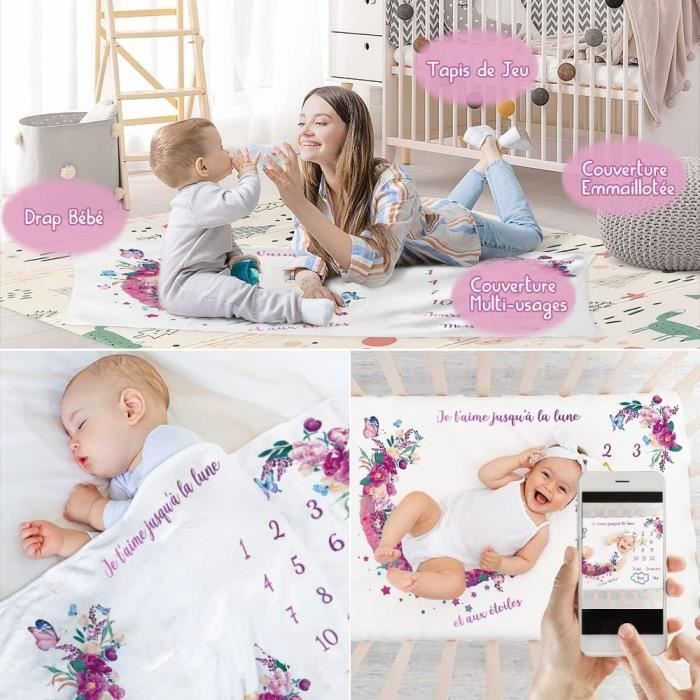 Couverture Etape Bébé en Français,Tapis Mois Bebe Garçon Ou Fille,  Unisexe,Lune, Étoiles,Tapis Photo Bebe,Doux,Confortable-150*130cm -  Cdiscount Puériculture & Eveil bébé