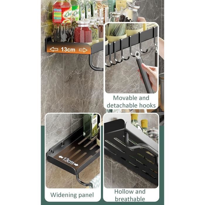 Etagère à épice - MAX 50KG - Noir Acier Inoxydable - 2 Niveaux + 3 Crochets - Maison