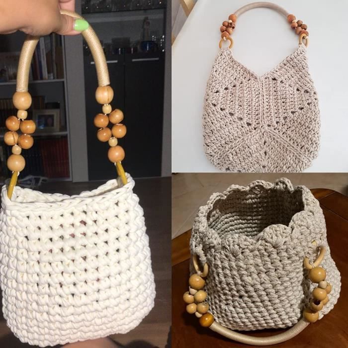 anse pour sac a main Poignees de Sac a Main Sangle de Sac de Corde de Perles en Bois pour Sac Fait Main blanc creme et Noir 4pcs