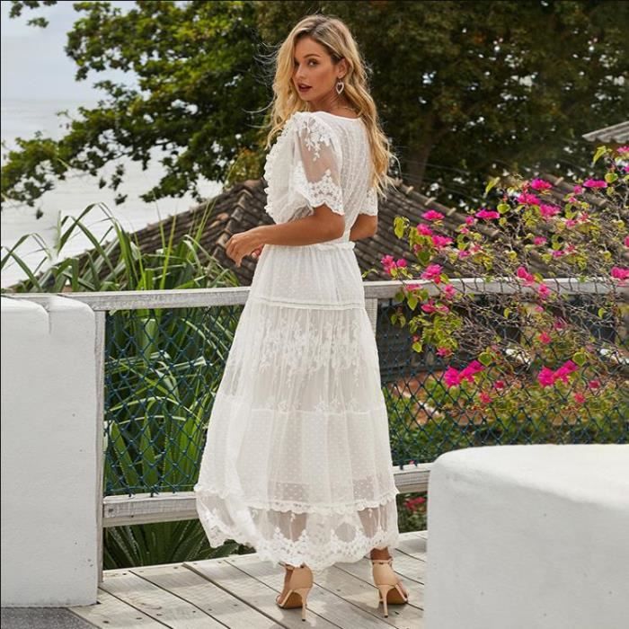Robe Femme jianchu Evider blanche longue en dentelle col en v plongeon semi transparent Blanc Cdiscount Pret a Porter
