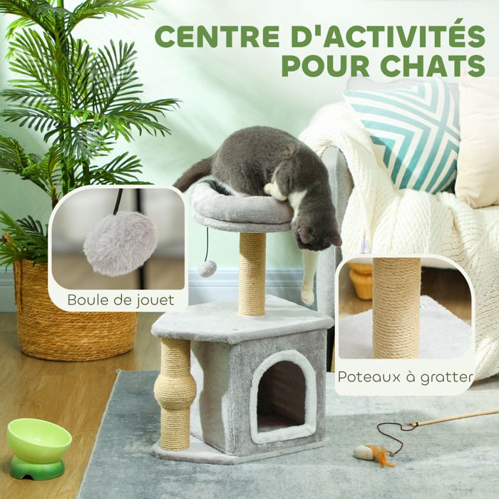 Arbre à Chat PawHut 177 Cm – 3 Plateformes, 2 Niches, 2 Lits, Hamac, Griffoirs Sisal – Gris Clair