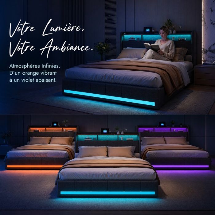 Lit Coffre 140x190cm Avec Sommier Relevable Hydraulique, 2 Tiroirs & Ports USB - Tête De Lit LED - LONELYO - 2
