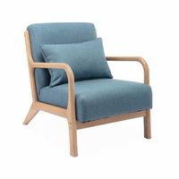 Fauteuil design en bois et tissu. 1 place droit fixe. pieds compas scandinave. assise confortable. structure en bois solide. bleu