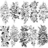 LAROI 10 Feuilles Grand Réaliste Rose Pivoine Fleur Tatouage éphémère Adultes Femme Imperméable Noir Autocollant Tatouage 3d Fleur