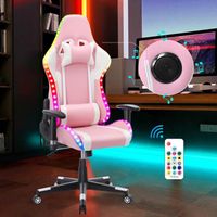 Chaise Gaming Fauteuil Gamer avec haut-parleur Bluetooth et lumière LED Blanc et Rose