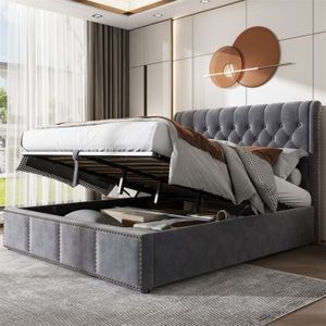 LIT COMPLET Lit coffre capitonné gris - lit en velours - lit de rangement avec tête de lit, sommier à lattes sans matelas - 180x200 cm