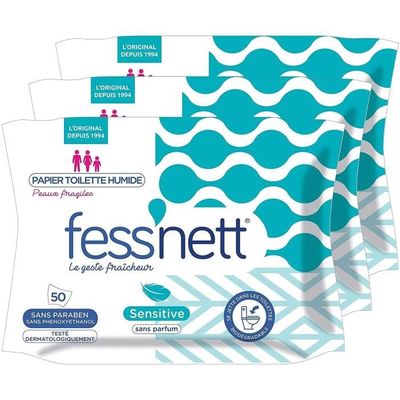 Fess'nett Papier Toilette Humide Sensitive, Le lot de 3 x 50