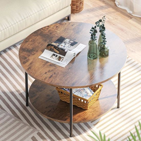 MINGONE Table Basse Ronde Bois Avec 2 Étagères - Petite Table Salon Moderne Rangement 60 Kg