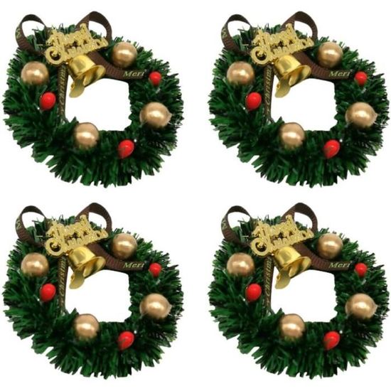 Lot De 4 Mini Couronnes De Noël Avec Ruban Baies Rouges - Décoration Armoire Cuisine Fenêtre Porte