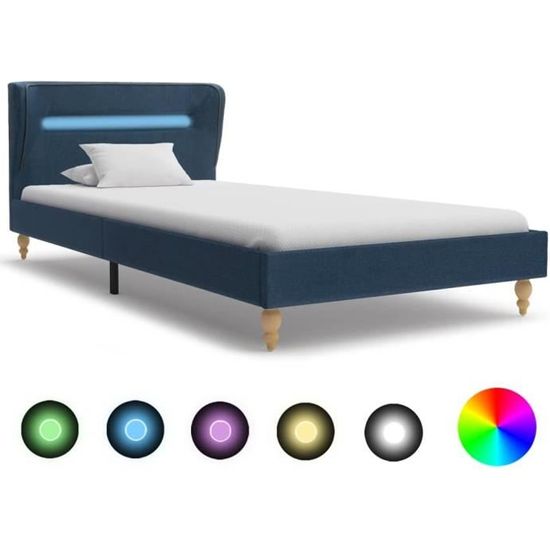 !3954Excellent -Cadre de lit avec LED - Lit Adulte Double enfant Contemporain Lit complet - 2 Places - 2 Personnes-  Bleu Tissu 90 x