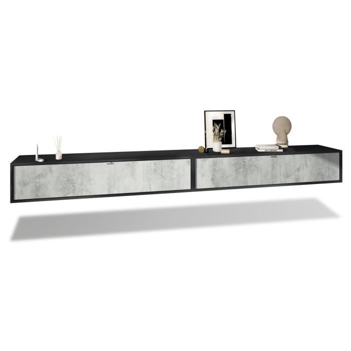 Ensemble de 2 set meuble TV Lana 140 armoire murale lowboard 140 x 29 x 37 cm, caisson en Noir mat, façades en Aspect Béton Oxyde