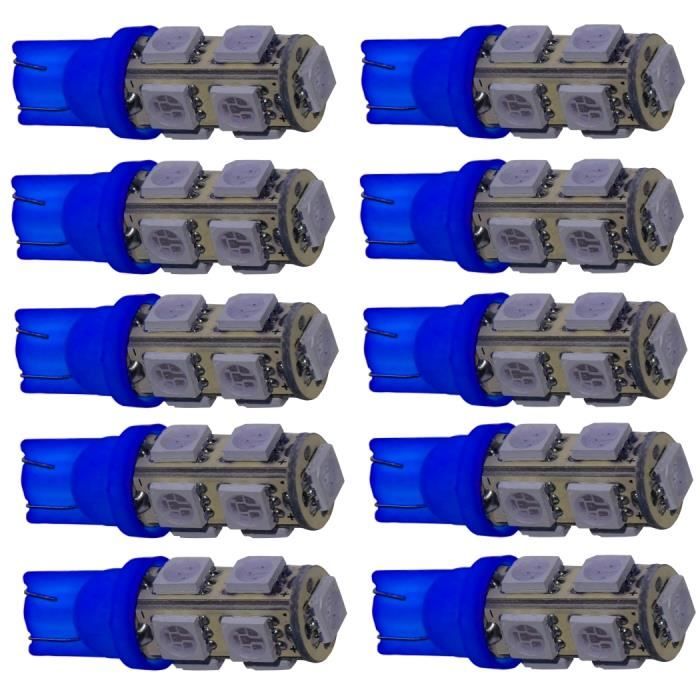 Aerzetix: 10x ampoule T10 W5W 12V 9LED SMD bleu veilleuses éclairage intérieur seuils de porte plafonnier pieds lecteur de carte