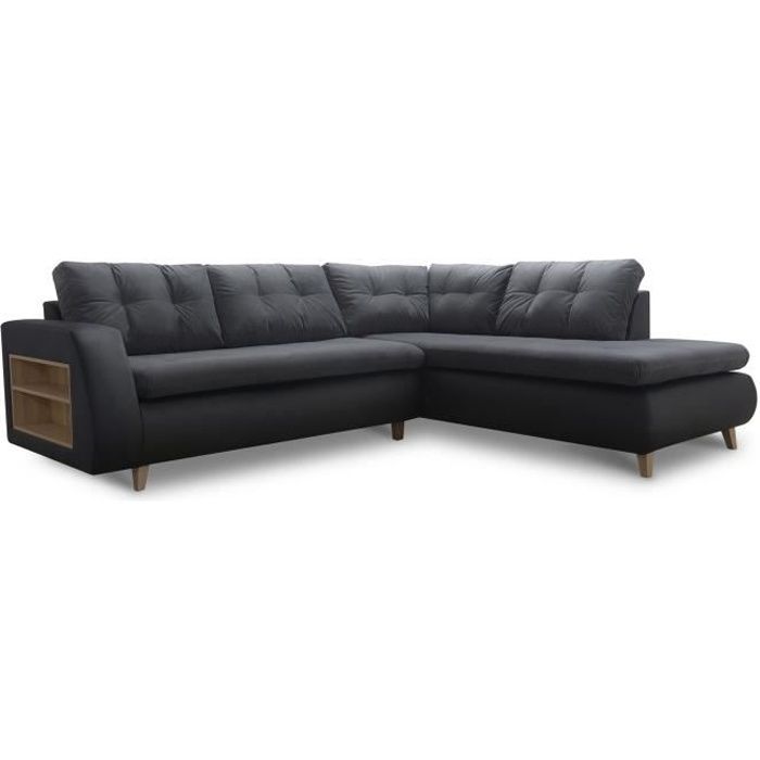 Canapé d’angle design scandinave en tissu gris anthracite et PU noir ESTHER – Angle Droit