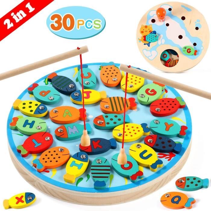 2 in 1 Jeu de Pêche 30 PCS Alphabet Magnétique en Bois Lettre Jouets de Pêche pour 3 4 5 Ans Filles garçons