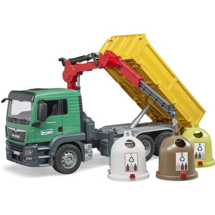 BRUDER - Camion MAN TGS de transport avec grue, 3 trois conteneurs à verre et poubelles
