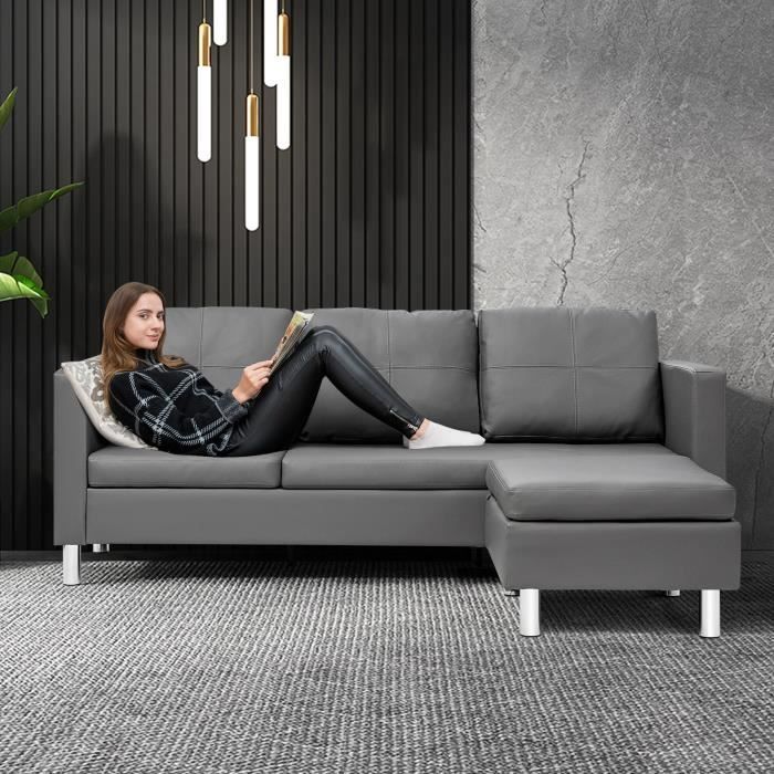 COSTWAY Canapé d'Angle 3 Places avec Méridienne Réversible en Cuir PU Gris 188x62x60CM pour Salon,Appartement,Séjour
