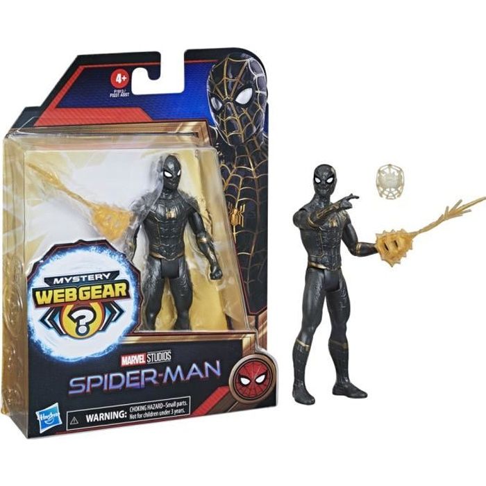 MARVEL SPIDER-MAN - Figurine Spider-Man noir et or de 15 cm avec 1 armure Mystery Web Gear et 1 accessoire - dès 4 ans